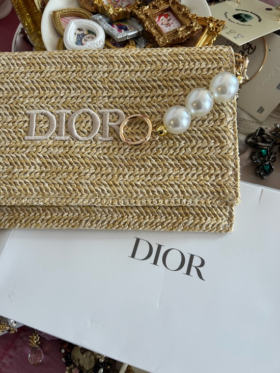 Dior Handbags - Dior Beige Straw Clutch with Pearl Handle and Gold Ring w gold chain crossbody